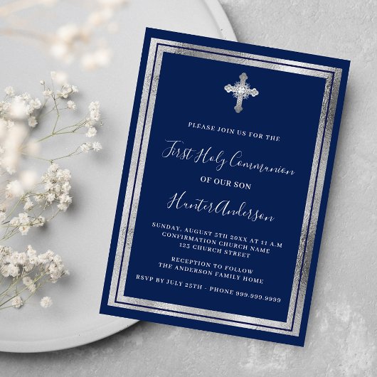 Invitation Première communion marine bleu argent croix luxe