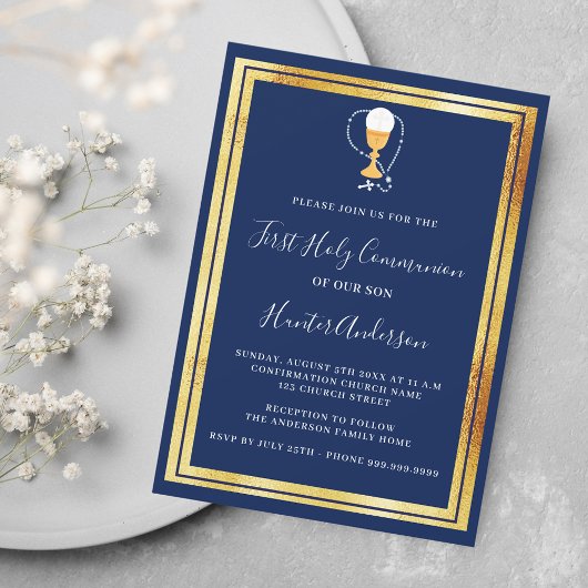 Invitation Première communion marine bleu chalice hôte