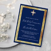 Invitation Première communion marine bleu or croix luxe