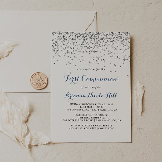 Invitation Première communion minimaliste Confetti Argent