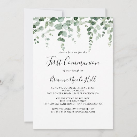 Invitation Première communion minimaliste des eucalyptus (Devant)