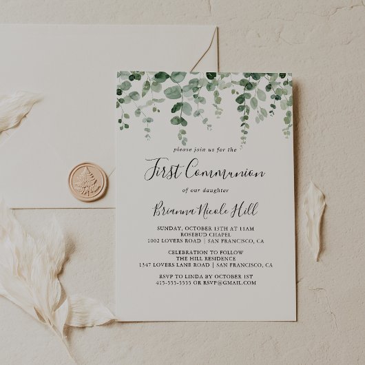 Invitation Première communion minimaliste des eucalyptus