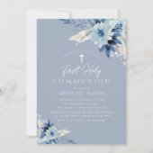Invitation Première communion moderne à fleurs bleues poussié (Devant)