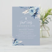 Invitation Première communion moderne à fleurs bleues poussié (Debout devant)