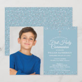 Invitation Première Communion moderne Coeurs d'argent Photo (Devant / Derrière)