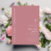 Invitation Première communion moderne fille croix rose