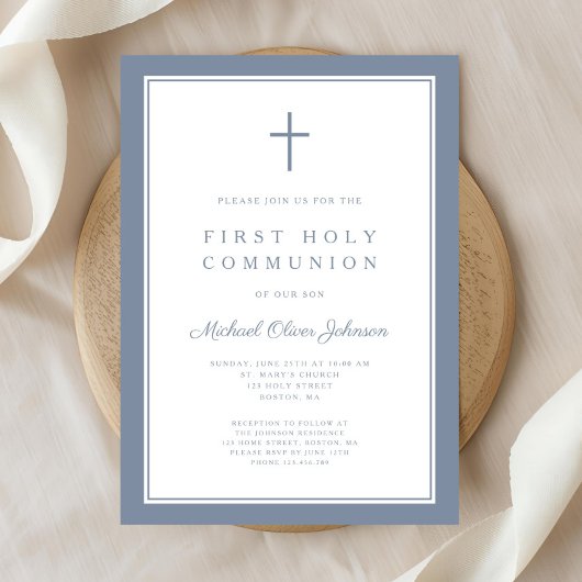 Invitation Première communion moderne garçon croix bleu pouss