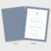 Invitation Première communion moderne garçon croix bleu pouss
