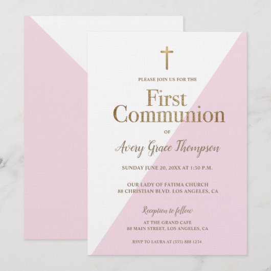 Invitation Première communion moderne Pink White Gold fille (Devant / Derrière)