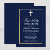 Invitation Première communion Navy Blue Cadre Doré (Devant / Derrière)