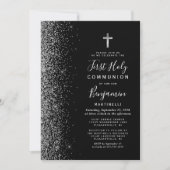 Invitation Première communion noire avec bordure pailletée ar (Devant)