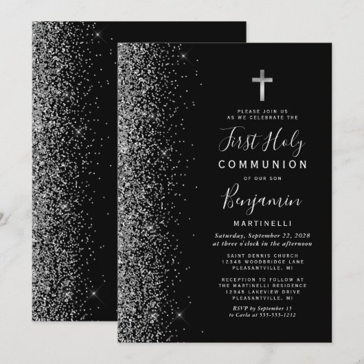 Invitation Première communion noire avec bordure pailletée ar (Devant / Derrière)