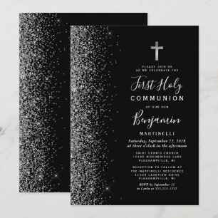 Invitation Première communion noire avec bordure pailletée ar