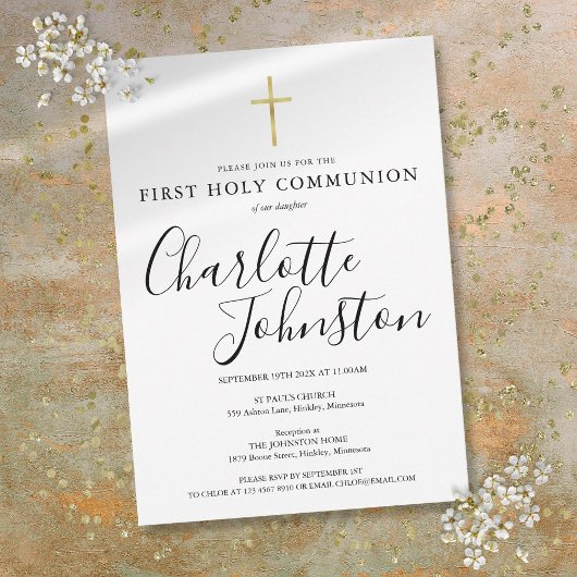 Invitation Première communion noire et or
