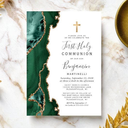 Invitation Première communion Or Agate Vert Emeraude