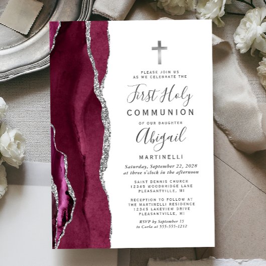 Invitation Première communion pailletée d'argent Agate de Bou