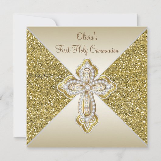 Invitation Première communion paillettes dorées (Devant)