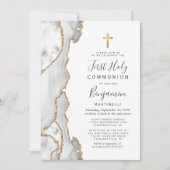 Invitation Première communion paillettes or agate grise (Devant)