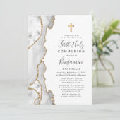 Invitation Première communion paillettes or agate grise (Debout devant)