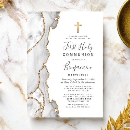 Invitation Première communion paillettes or agate grise