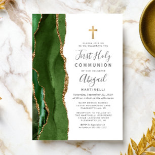 Invitation Première communion paillettes or agate verte