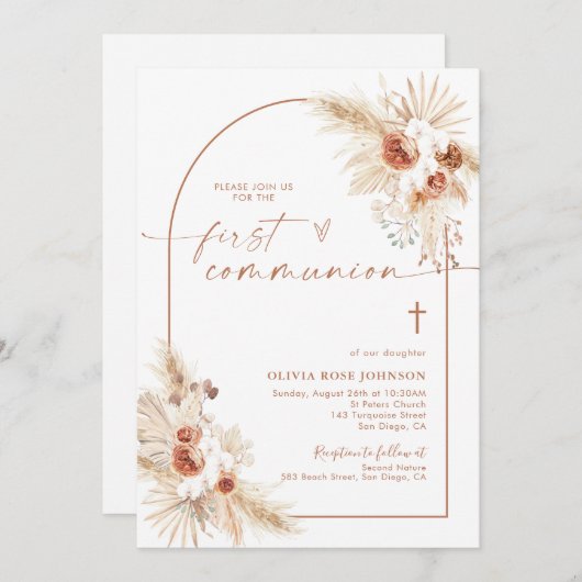 Invitation Première communion, Pampas Grass Boho Christening (Devant / Derrière)