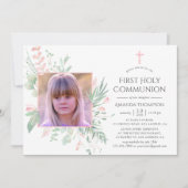 Invitation Première communion Pastel Blush et verdure (Devant)