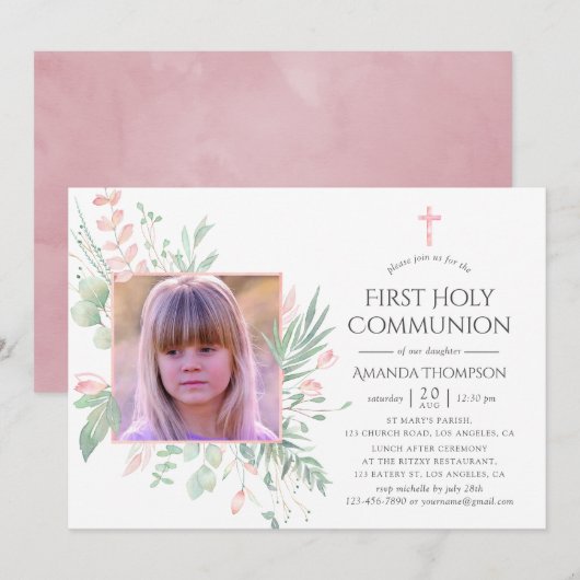 Invitation Première communion Pastel Blush et verdure (Devant / Derrière)