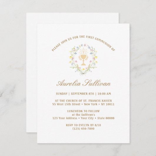 Invitation Première communion Pastel simple Fleurs sauvages d (Devant / Derrière)