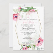 Invitation Première communion | Pavois roses et feuillage (Devant)
