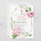 Invitation Première communion | Pavois roses et feuillage 2 (Devant)