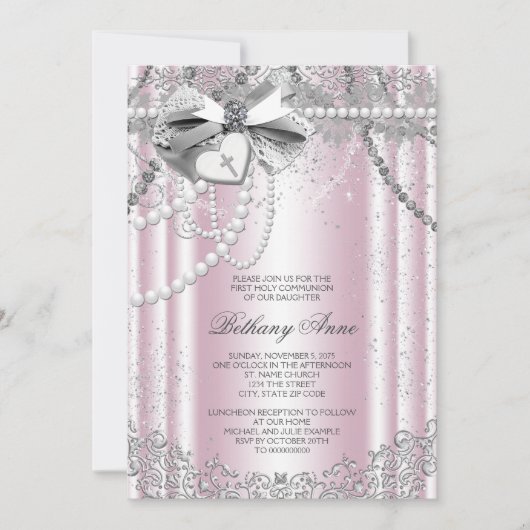 Invitation Première communion perle rose et grise (Devant)