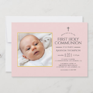 Invitation Première communion photo rose poudré et or