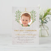 Invitation Première communion Photo Verdure Marbre Or Foliage (Debout devant)