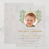 Invitation Première communion Photo Verdure Marbre Or Foliage (Devant / Derrière)