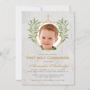 Invitation Première communion Photo Verdure Marbre Or Foliage