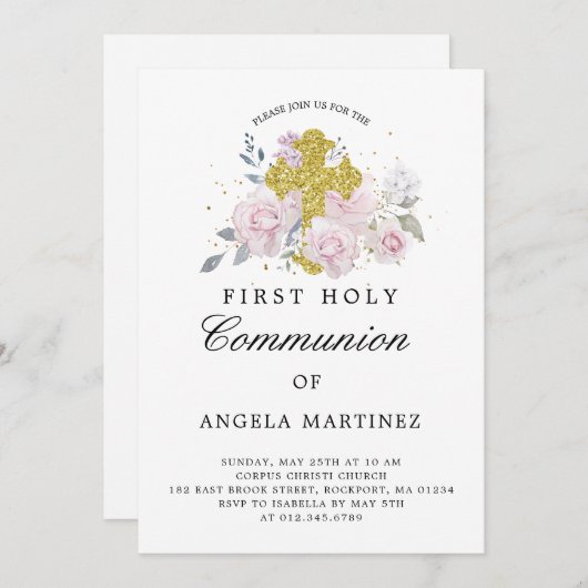 Invitation Première Communion Pink Floral Gold Cross Invitati (Devant / Derrière)
