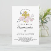 Invitation Première Communion Pink Floral Gold Cross Invitati (Debout devant)