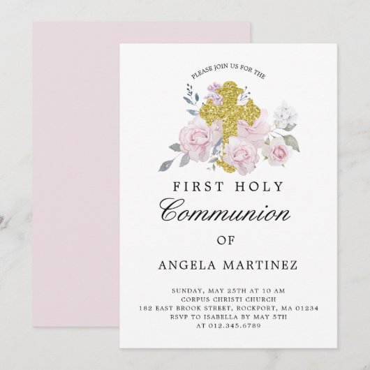 Invitation Première Communion Pink Floral Gold Cross Invitati (Devant / Derrière)