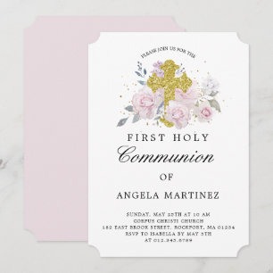 Invitation Première Communion Pink Floral Gold Cross Invitati