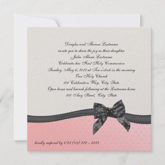 Invitation Première communion Pointe rose Polka avec Bow (Devant)