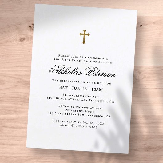 Invitation Première communion pour lui | Croix dorée minimali