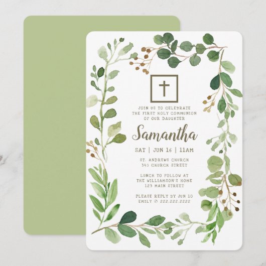 Invitation Première communion pour sa croix de feuillage d'aq (Devant / Derrière)