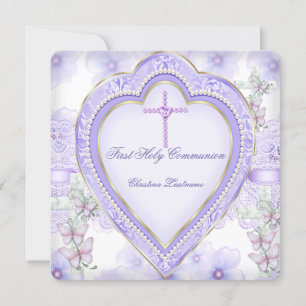 Invitation Première Communion Purple Pink Heart Girl 2