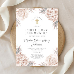 Invitation Première communion religieuse croix dorée florale 