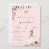 Invitation Première Communion religieuse Fille rose religieus (Devant)