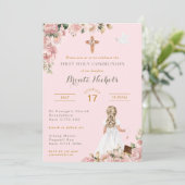 Invitation Première Communion religieuse Fille rose religieus (Debout devant)