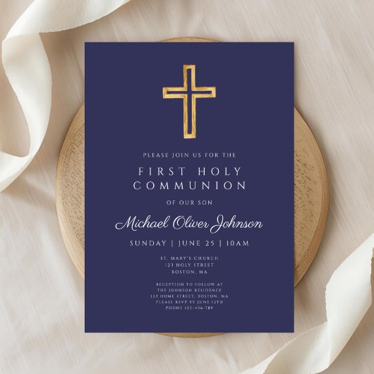 Invitation Première communion religieuse moderne garçon bleu