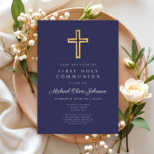 Invitation Première communion religieuse moderne garçon bleu