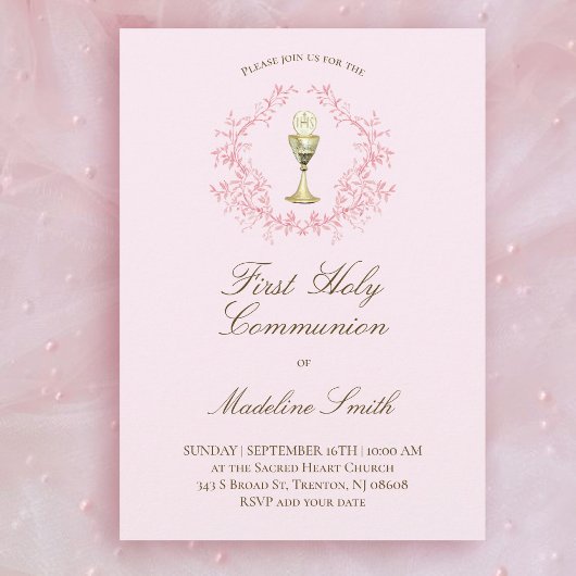 Invitation première communion rose calice crête verte